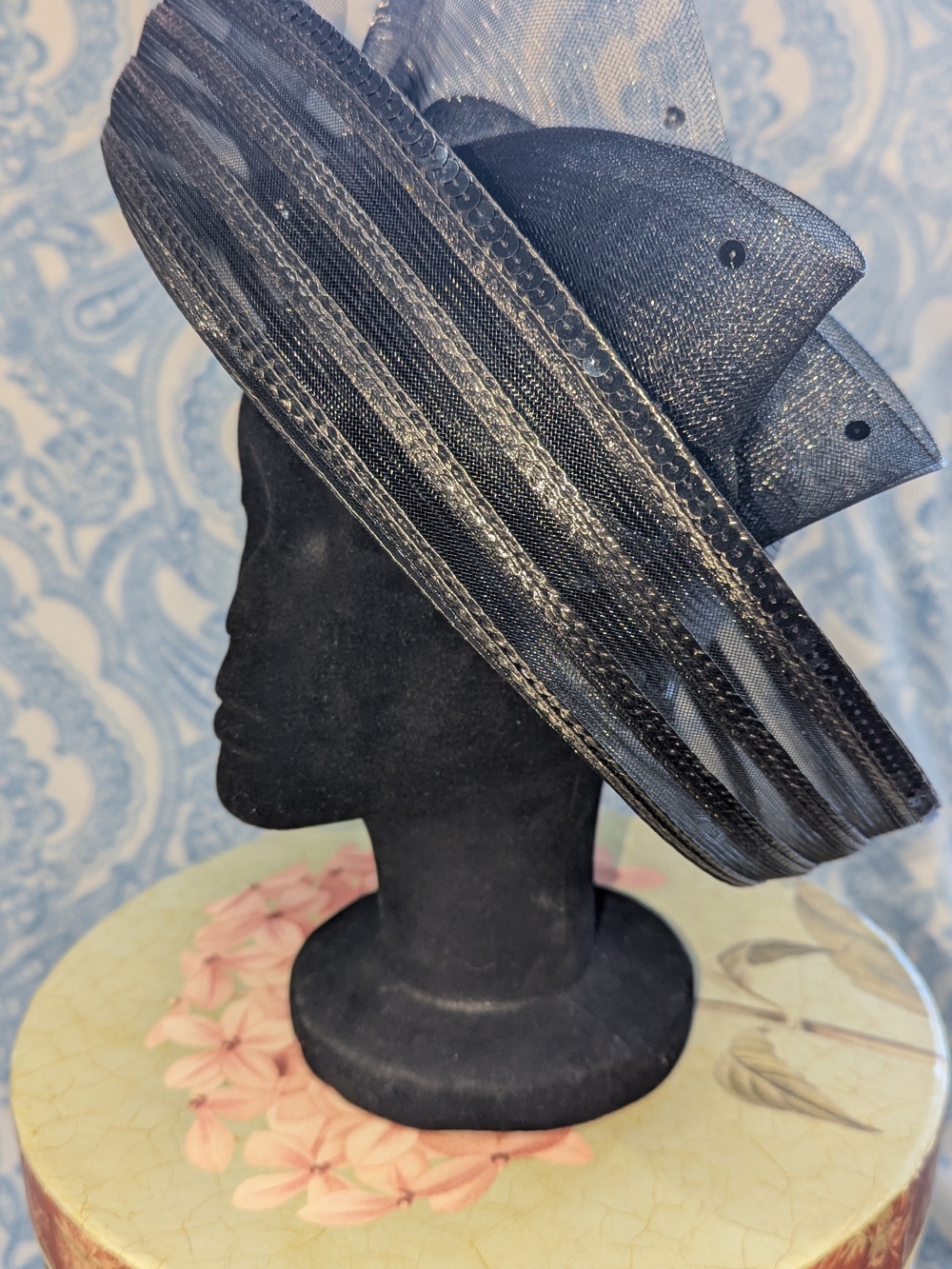 Grace Black Wide Brim Sinamay Dress Hat with Bow Accents